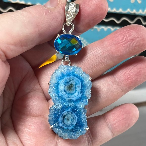 Solar Agate Blue Topaz Pendant Handmade Gemstone Crystal 925 Silver Long New! - Picture 3 of 9